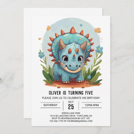 トリケラトプス編集可能な恐竜ボーイ誕生日 招待状 (正面/裏面)