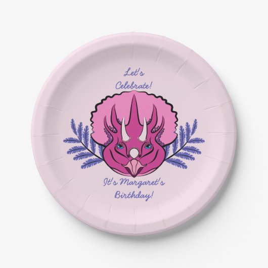 トリケラトプピンクかわいらしの恐竜 ペーパープレート (正面)