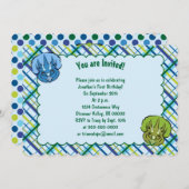 トリケラトプブルーと緑のかわいい恐竜誕生日 招待状 (正面/裏面)