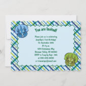 トリケラトプブルーと緑のかわいい恐竜誕生日 招待状 (正面)