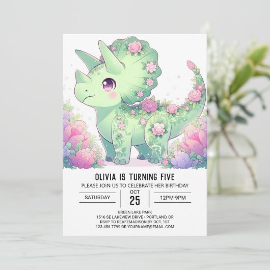 トリケラト威厳のあるプス恐竜デジタル誕生日 招待状 (スタンド正面)