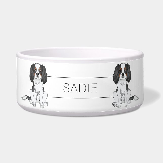 トリコラーカバリエキングチャールズスパニエル犬ドッグズ&ネーム ボウル (正面)