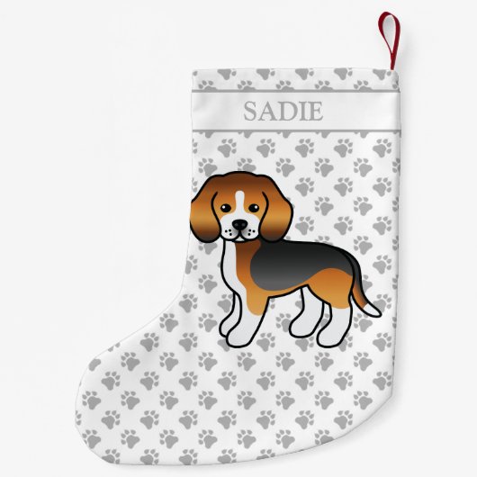 トリコラービーグルかわいい漫画の犬と名前 スモールクリスマスストッキング (裏面)