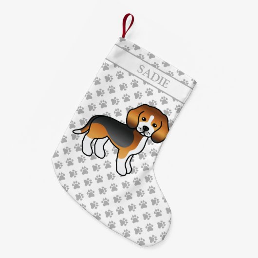 トリコラービーグルかわいい漫画の犬と名前 スモールクリスマスストッキング (正面 (吊り時))