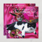 トリコーンハットと仮装パーティーマスク付き猫 招待状 (正面/裏面)