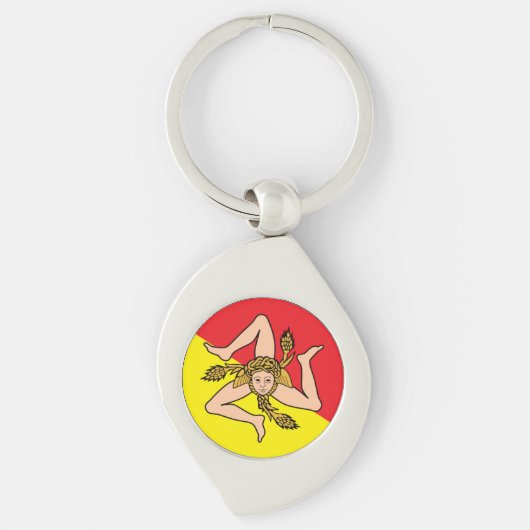 トリスケリオン金属スワールキーチェーンとシチリア国旗 キーホルダー (正面)