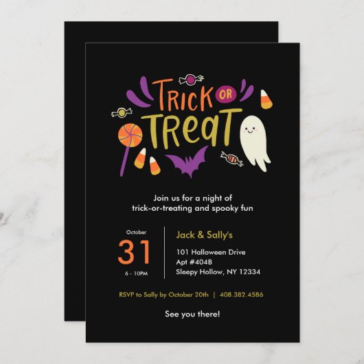 トリッカラフルクまたはトリートハローウィンパーティ招待状 招待状 (正面/裏面)