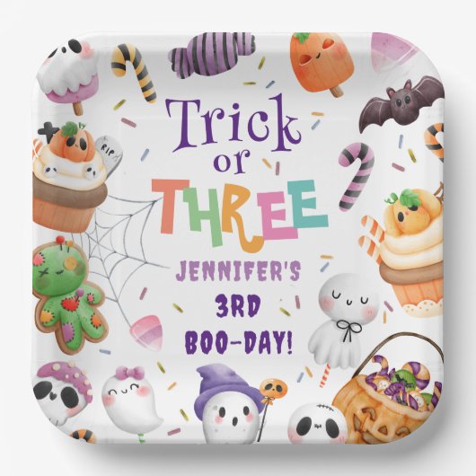 トリックかスリー！かわいいパープルハロウィーン3回目の誕生日 ペーパープレート (正面)