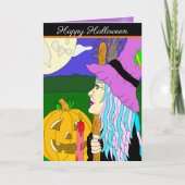 トリックまたはトリートウィッチ片手で描かれた漫画の魔女 カード (正面)