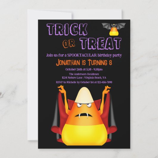 トリックまたはトリートカワイキャンディコーンのハロウィーン誕生日 招待状 (正面)