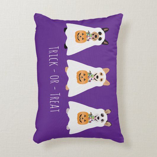 トリックまたはトリートコルギ幽霊ドッグハロウィーン アクセントクッション (正面(垂直))