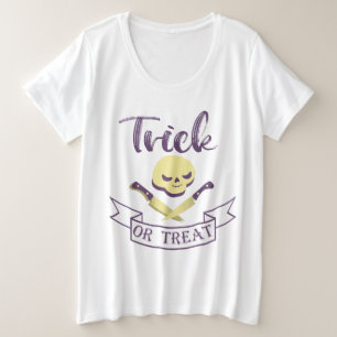 トリックまたはトリートスカルクロスボーンハロウィーンリボン プラスサイズTシャツ