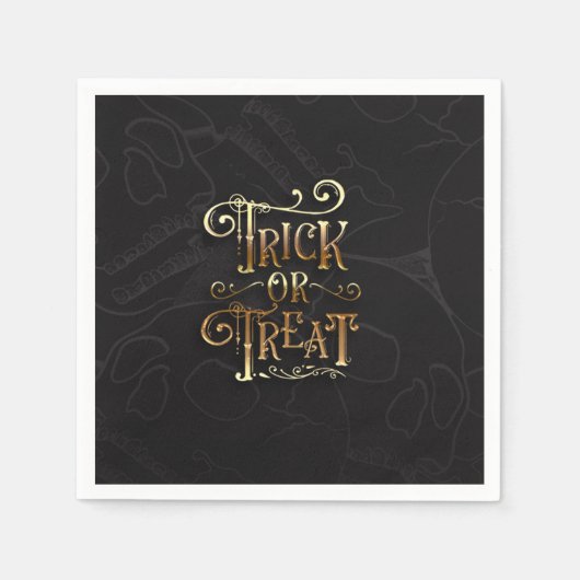 トリックまたはトリートスカルブラック&金ゴールドハローウィンパーティ スタンダードカクテルナプキン (正面)
