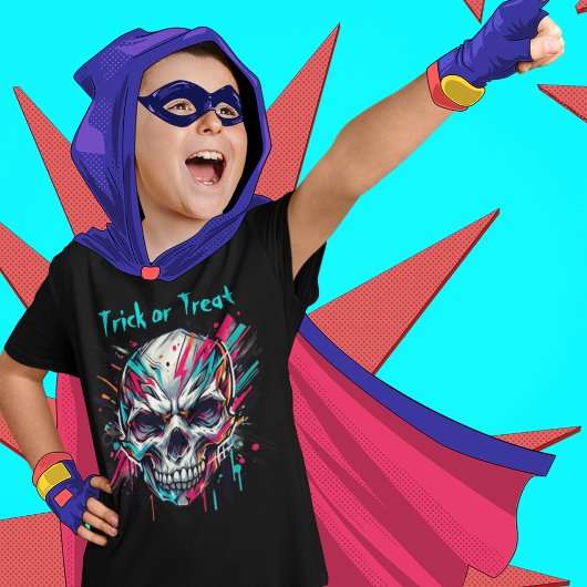 トリックまたはトリートスカル、抽象芸術、キッズハロウィーン Tシャツ