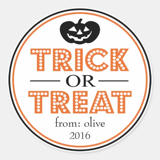 トリックまたはトリートハロウィーンのカボチャのちょうちん（黒/オレンジ） ラウンドシール (正面)