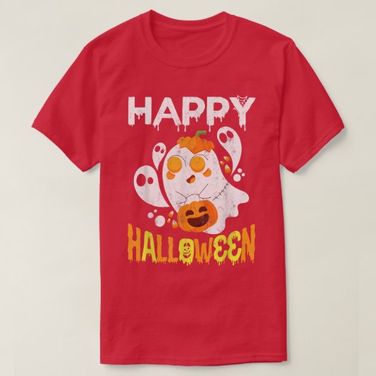トリックまたはトリートハロウィーンシャツ幽霊カボチャハッピン Tシャツ (デザイン正面)