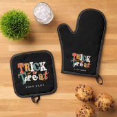 トリックまたはトリートハロウィーン名前をカスタムする 鍋つかみ&鍋敷きセット (トップダウン)