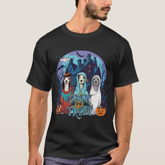 トリックまたはトリートハロウィーン幽霊犬 Tシャツ (正面)
