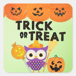 トリックまたはトリート、ハロウィーンフクロウ、面白いハロウィン スクエアシール