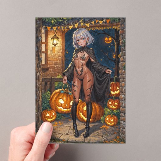 トリックまたはトレーター、勇敢なハロウィーンの衣装の女の子 アクリル招待状 (インサイチュ (ポータブル))