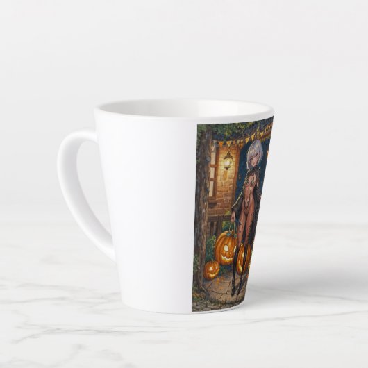 トリックまたはトレーター、勇敢なハロウィーンの衣装の女の子 カフェラテマグ (左アングル)