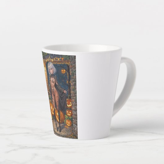 トリックまたはトレーター、勇敢なハロウィーンの衣装の女の子 カフェラテマグ (右アングル)