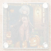 トリックまたはトレーター、勇敢なハロウィーンの衣装の女の子 ガラスコースター (裏面)