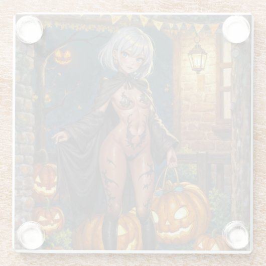 トリックまたはトレーター、勇敢なハロウィーンの衣装の女の子 ガラスコースター (裏面)