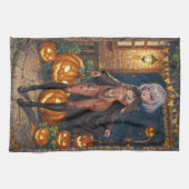トリックまたはトレーター、勇敢なハロウィーンの衣装の女の子 キッチンタオル (横)