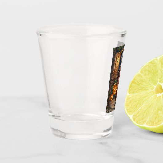 トリックまたはトレーター、勇敢なハロウィーンの衣装の女の子 ショットグラス (左)