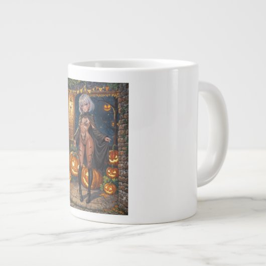 トリックまたはトレーター、勇敢なハロウィーンの衣装の女の子 ジャンボコーヒーマグカップ (正面右)