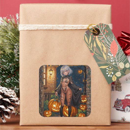 トリックまたはトレーター、勇敢なハロウィーンの衣装の女の子 スクエアシール (クリスマス)