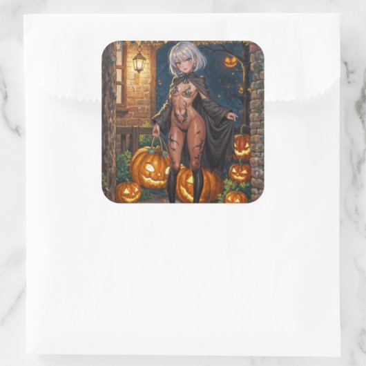 トリックまたはトレーター、勇敢なハロウィーンの衣装の女の子 スクエアシール (バッグ)