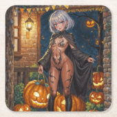 トリックまたはトレーター、勇敢なハロウィーンの衣装の女の子 スクエアペーパーコースター (正面)