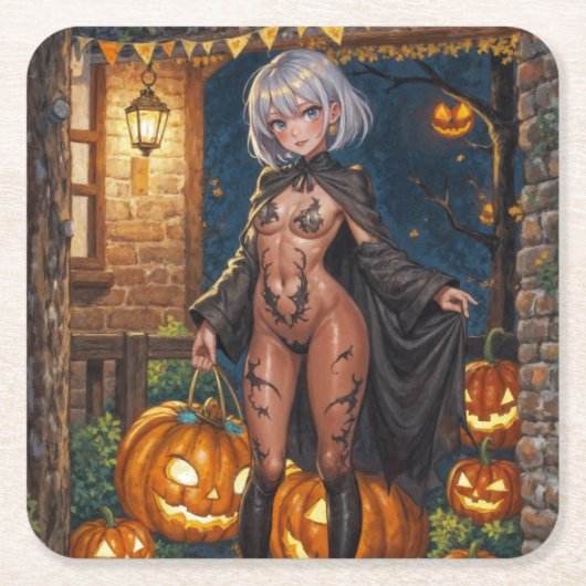 トリックまたはトレーター、勇敢なハロウィーンの衣装の女の子 スクエアペーパーコースター (正面)