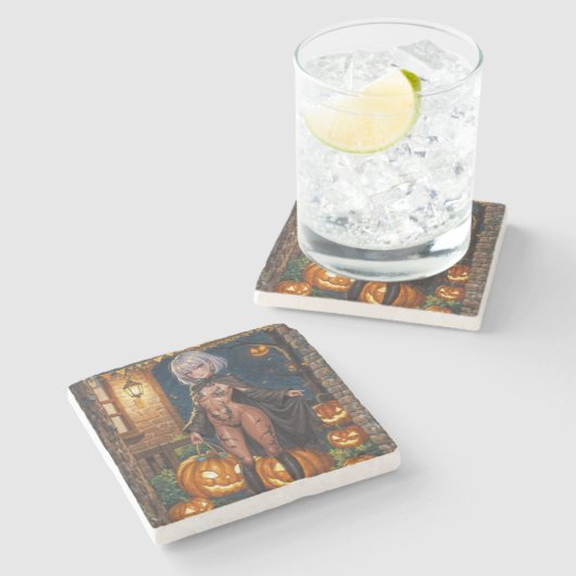 トリックまたはトレーター、勇敢なハロウィーンの衣装の女の子 ストーンコースター (横)