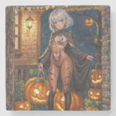 トリックまたはトレーター、勇敢なハロウィーンの衣装の女の子 ストーンコースター (正面)