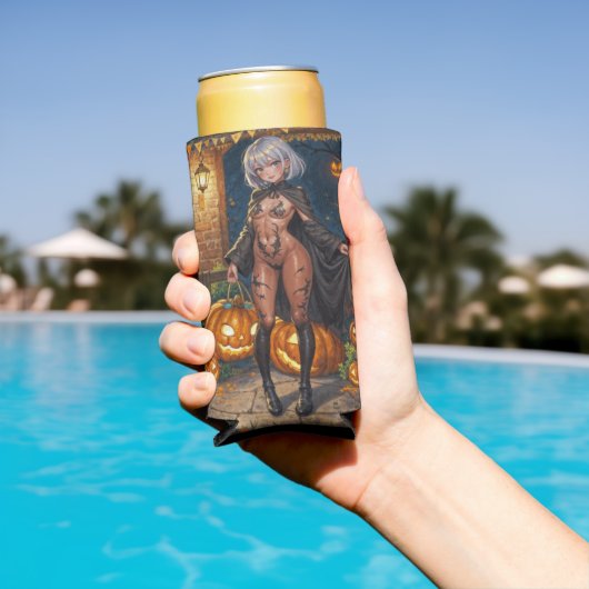 トリックまたはトレーター、勇敢なハロウィーンの衣装の女の子 スリム缶クーラー (インサイチュ プール)