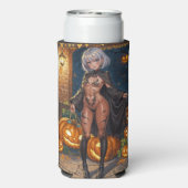 トリックまたはトレーター、勇敢なハロウィーンの衣装の女の子 スリム缶クーラー (Seltzer裏面)