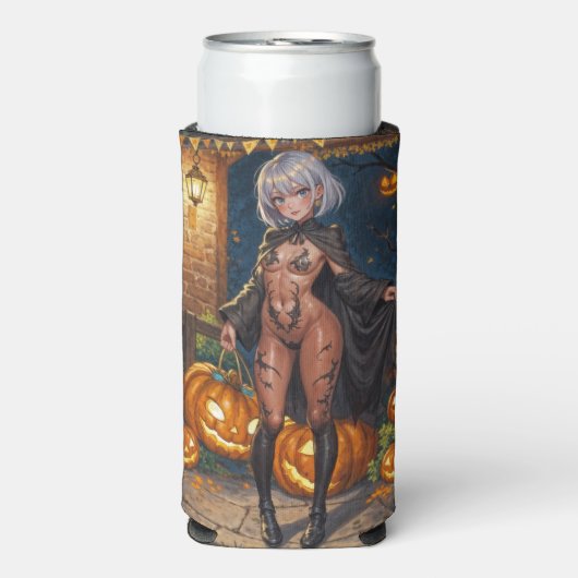 トリックまたはトレーター、勇敢なハロウィーンの衣装の女の子 スリム缶クーラー (Seltzer正面)