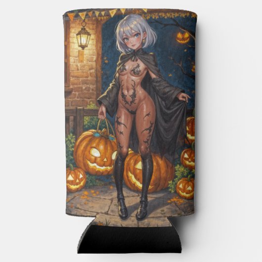 トリックまたはトレーター、勇敢なハロウィーンの衣装の女の子 スリム缶クーラー (裏面)