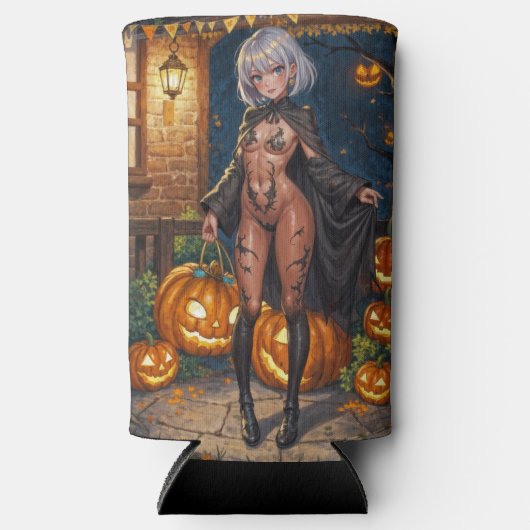 トリックまたはトレーター、勇敢なハロウィーンの衣装の女の子 スリム缶クーラー (正面)