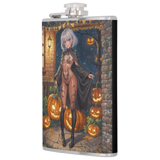 トリックまたはトレーター、勇敢なハロウィーンの衣装の女の子 フラスク (左)