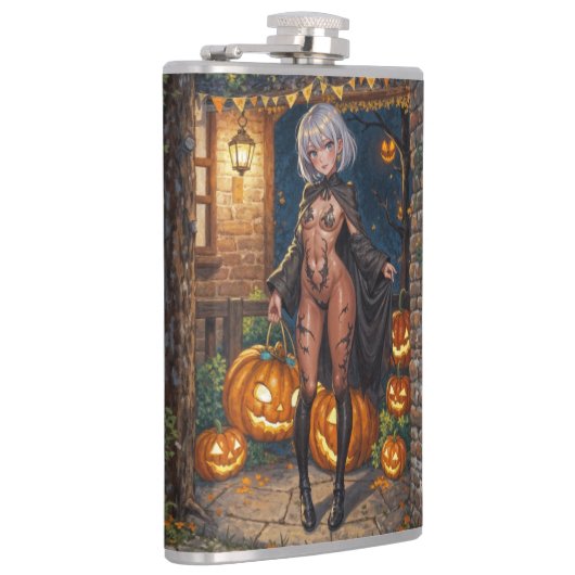 トリックまたはトレーター、勇敢なハロウィーンの衣装の女の子 フラスク (右)