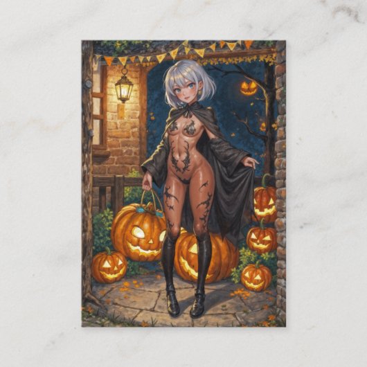 トリックまたはトレーター、勇敢なハロウィーンの衣装の女の子 プレイスカード (正面)