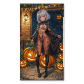 トリックまたはトレーター、勇敢なハロウィーンの衣装の女の子 マグネット名刺 (正面縦)