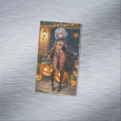 トリックまたはトレーター、勇敢なハロウィーンの衣装の女の子 マグネット名刺 (インサイチュ)