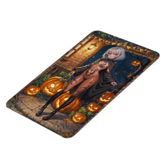 トリックまたはトレーター、勇敢なハロウィーンの衣装の女の子 マグネット (左側)