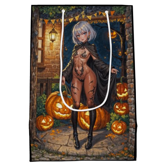 トリックまたはトレーター、勇敢なハロウィーンの衣装の女の子 ミディアムペーパーバッグ (裏面)