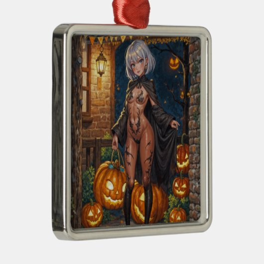トリックまたはトレーター、勇敢なハロウィーンの衣装の女の子 メタルオーナメント (右)